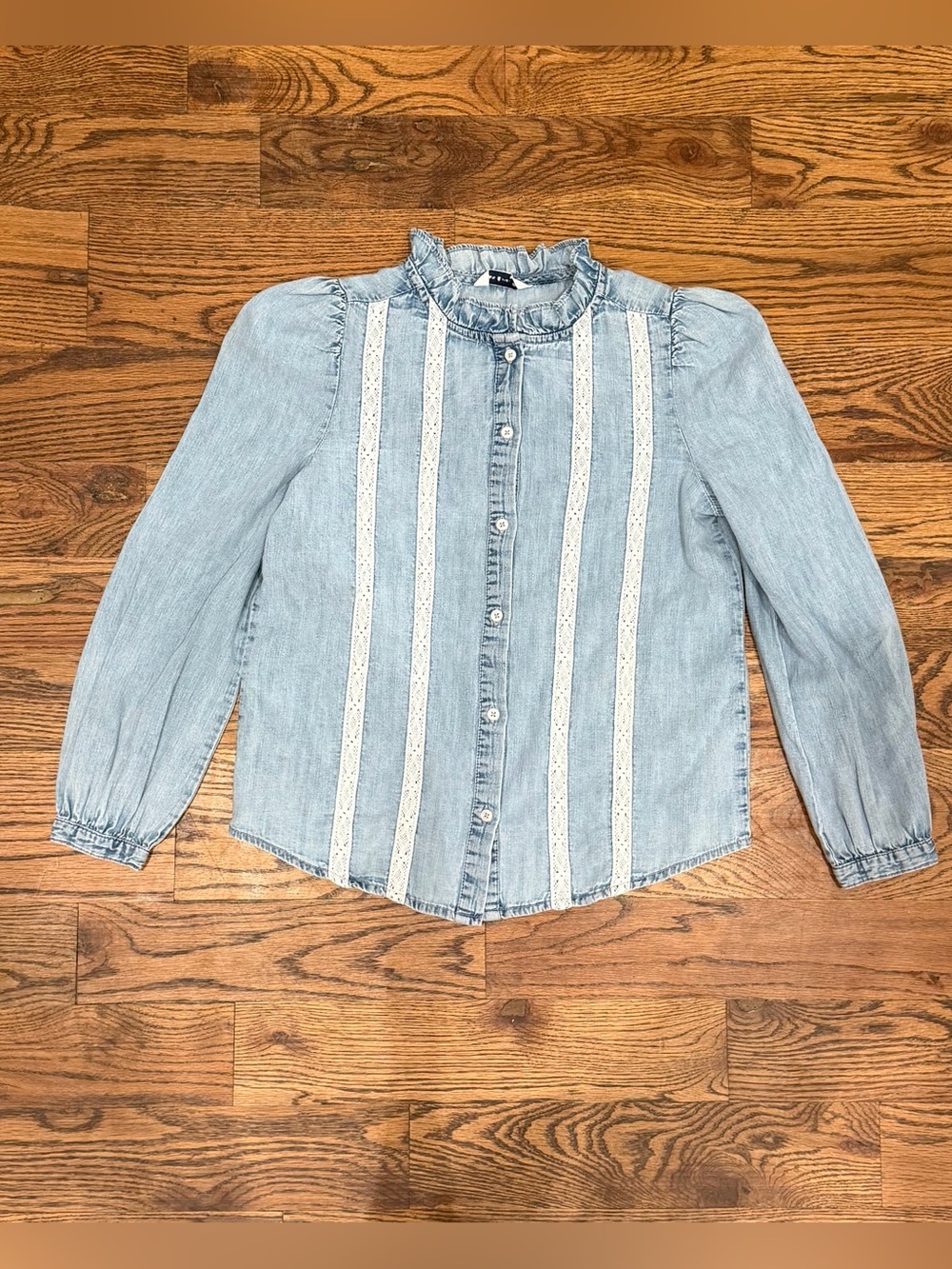 Girls Light Blue Lace-Trim Denim Shirt